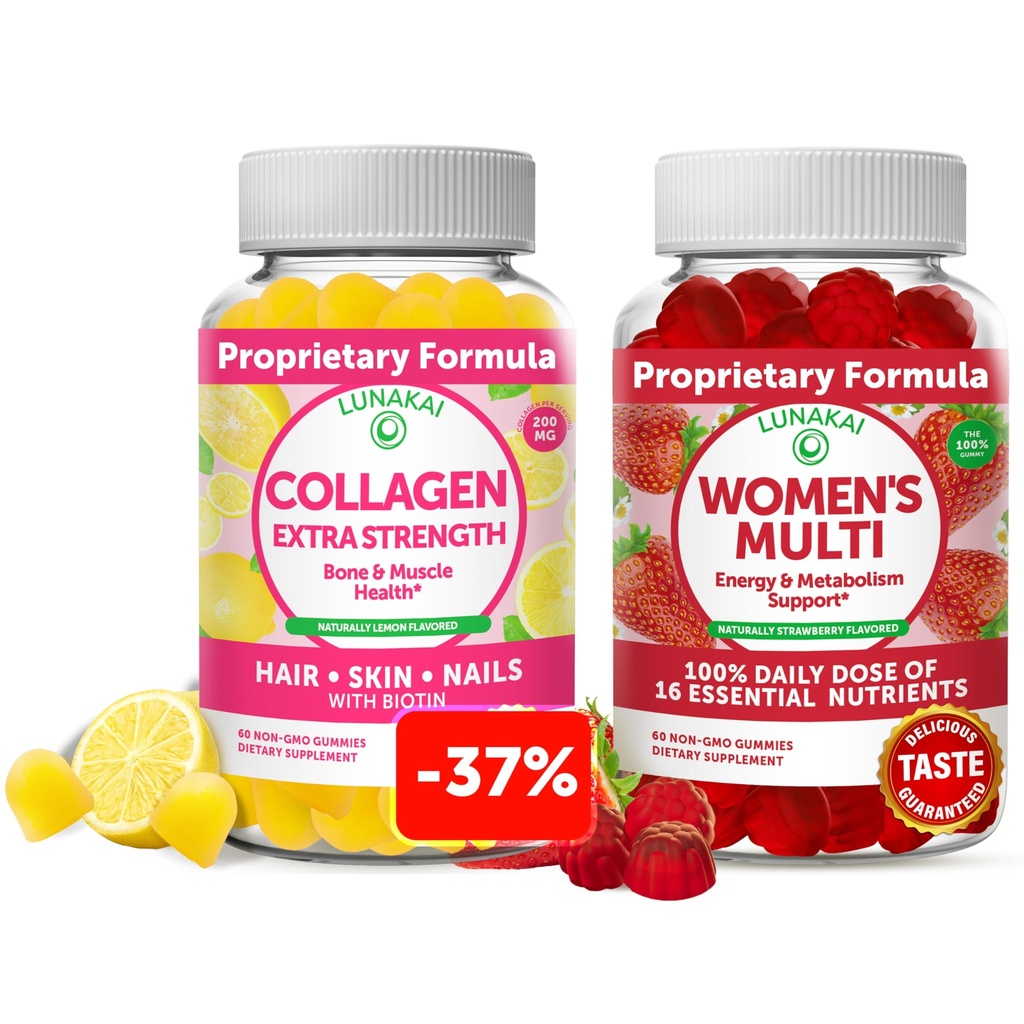 Lunakai Collagen und Women's Multivitamin Gummis Bundle - Non-GMO Anti Aging Supplements mit Biotin, Zink, Vitamin C und E - 100% täglicher Wert von 16 essentiellen Vitaminen und Mineralien - 30 Tage Versorgung
