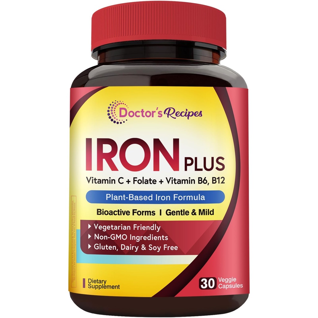 Doctor's Recipes Iron Supplement für Damen - Sanftes Eisenbisglycinat mit Vitamin C, B6, Folate & B12 - Non-Constipating & Stomach Friendly Iron Pills for Blood & Energy Support, 30 Vegan Caps