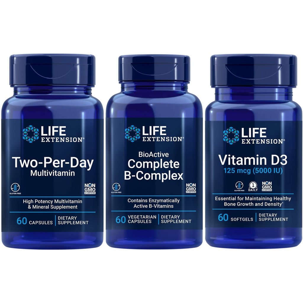 Life Extension Two-Per-Day Multivitamin, 60 Kapseln | BioActive Complete B-Complex, 60 Kapseln | Vitamin D3 125 mcg (5000 IU), 60 Softgele | Knochen- und Immungesundheit, Energie- und Stoffwechselunterstützung