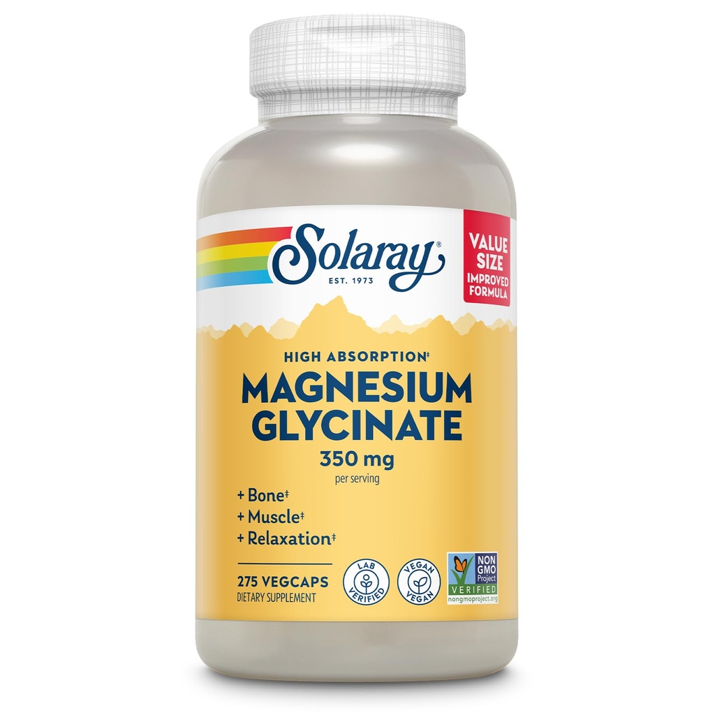 SOLARAY Magnesium Glycinat Kapseln, Chelat Magnesium Bisglycinat w/BioPerine, Höhere Absorption Magnesium Supplement - Knochen, Muskeln, Herzunterstützung, Vegan, 68 Servierungen, 275 VegKaps