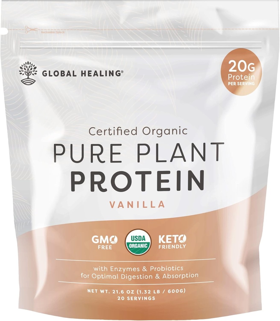 Global Healing Vegan Vanille, Pflanzenbasiertes Proteinpulver für Frauen und Männer, Organischer, Mealer Ersatz (20 Portionen, 20g Protein)