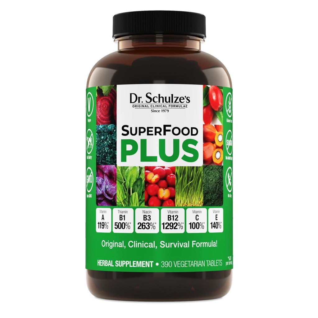 Dr. Schulze's SuperFood Plus | Vitamin & Mineral Kräuterkonzentrat | Tägliche Ernährung & Erhöhte Energie | Glutenfrei & Non-GMO | Vegan | 390 Tabs | Verpackung Mai Vary