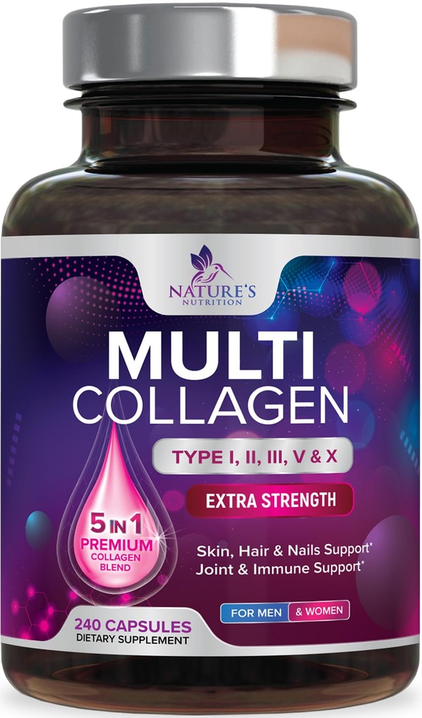 Multi Collagen Supplement 2400 mg - Typen I, II, III, V & X Multi Collagen Peptide Pillen für Frauen und Männer, hydrolysierte Collagen Supplements, Haar, Haut, Nagel, & Joint Support Supplement - 240 Kapseln