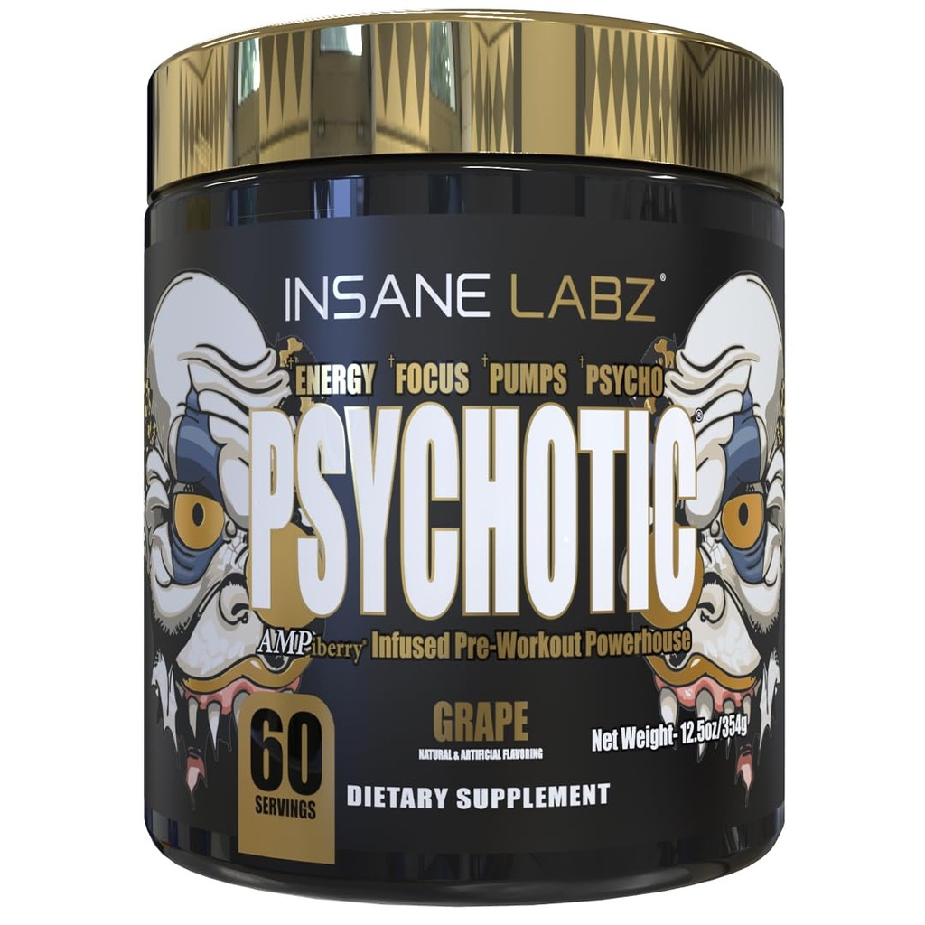 Insane Labz Psychotic Gold, High Stimulant Pre Workout Powder, Extreme Lasting Energy, Pumps und Endurance mit Beta Alanine, DMAE Bitartrate, NO Booster (60 Portionen, Trauben)