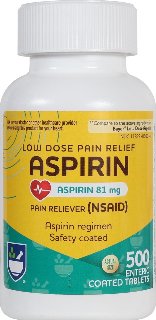 Rite Aid Aspirin Enteric Tabletten - 81 mg Aspirin - 500 Count - Low-Dose für Kopfschmerzen Relief - Sicherheitsbeschichtet - Aspirin Regimen - Migraine Medizin - Schmerzlinderung