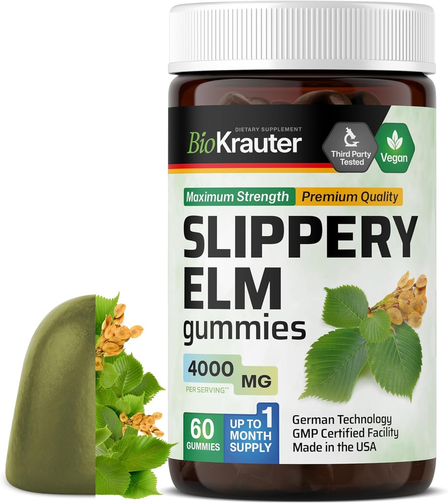 BIO KRAUTER Slippery Elm Gummies 4000 mg - 60 Count 30 Days of Supply - Digestive & Respiratory Support - Ulmus Rubra Gummis für Lunge - Slippery Elm Bark für Damen und Herren - Vegan, GMO-frei