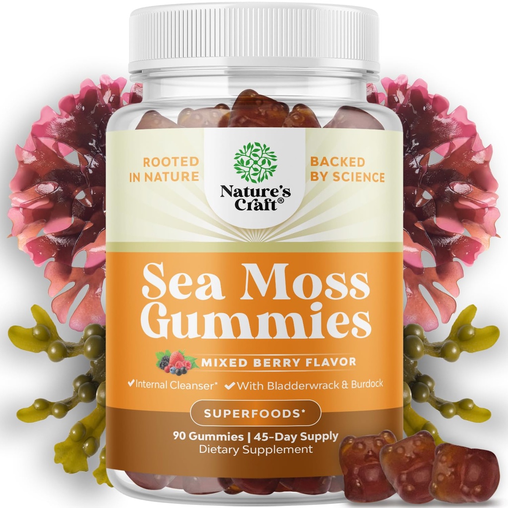 Natures Craft Irish Sea Moss Gummi für Herren & Kinder - Immun Support Supplement mit Irish Sea Moss, Bladderwrack & Burdock Root - Detox Gummies für Körperreinigung - 90 Kaugummis