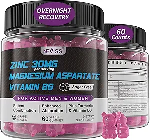 Zinc and Magnesium Supplement, Zinc Magnesium Aspartate Post Workout Gummies for Men Women, with Vitamin B6, B12, D3, Turmeric for Nighttime Recovery, Reduce Fatigue, Boost Immunity & Sleep, 60 Count