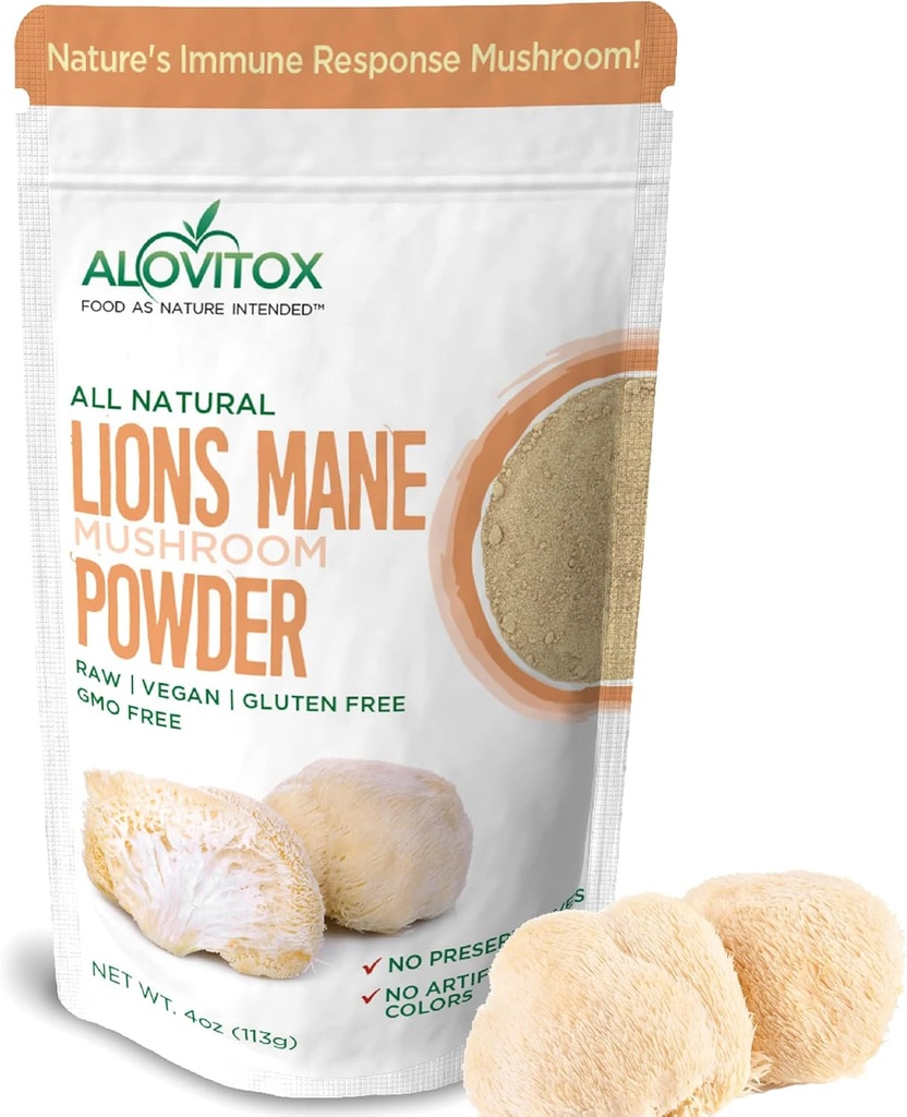 Alovitox Bio Lion's Mane Mushroom Powder | Natürliche Superfood für Gehirn, Energie und Immune Gesundheit, bietet Neural Unterstützung, GI Schutz, Herz-Kreislauf Vorteile | Non-GMO, Vegan, Gluten-Free | 4 oz