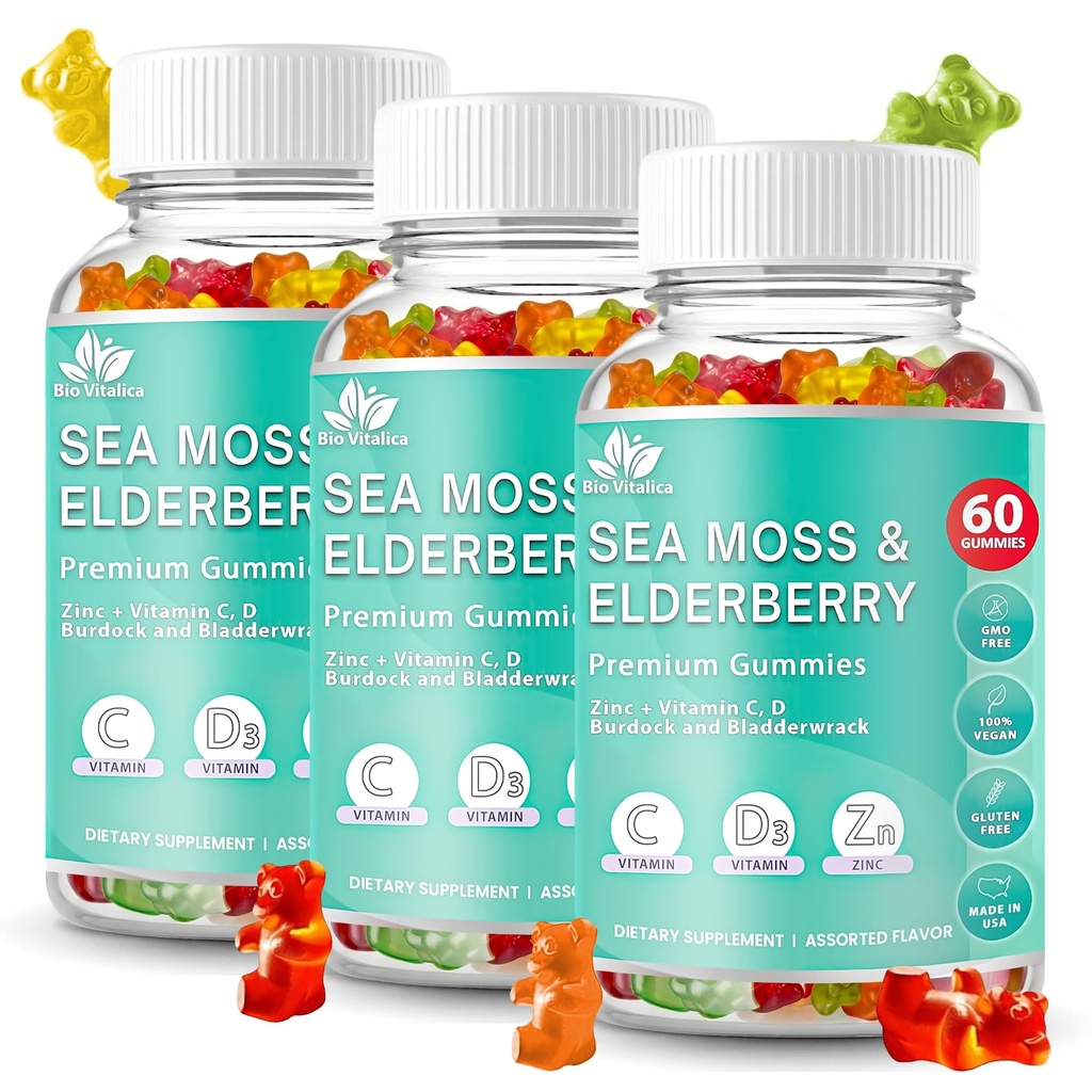 BIO VITALICA Sea Moss Gummis Elderberry BioVitalica - Vitamin C D + Zink - Irish Seamoss Vegan Gummy mit Sea Moss Gel & Powder für Immunität, Detox - für Erwachsene und Kinder (3Packs)