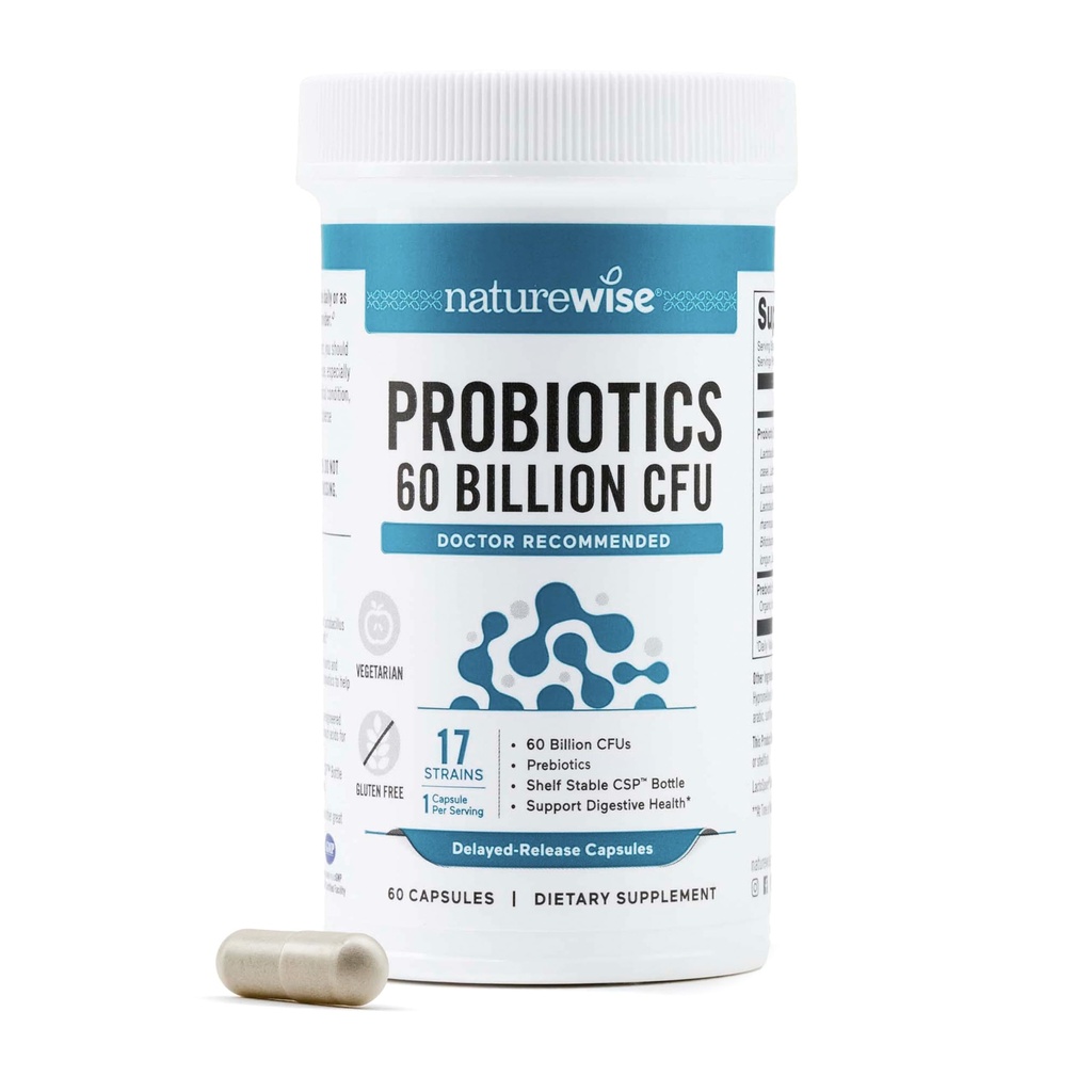 NatureWise Probiotics 60 Billion CFU - 17 Strains + Bio-Präbiotika - Immun-, Verdauungs- und Gut-Gesundheitsunterstützung für Frauen & Männer - Vegetarisch, Glutenfrei, Non-GMO - 60 Kapseln[2-Monat-Versorgung]