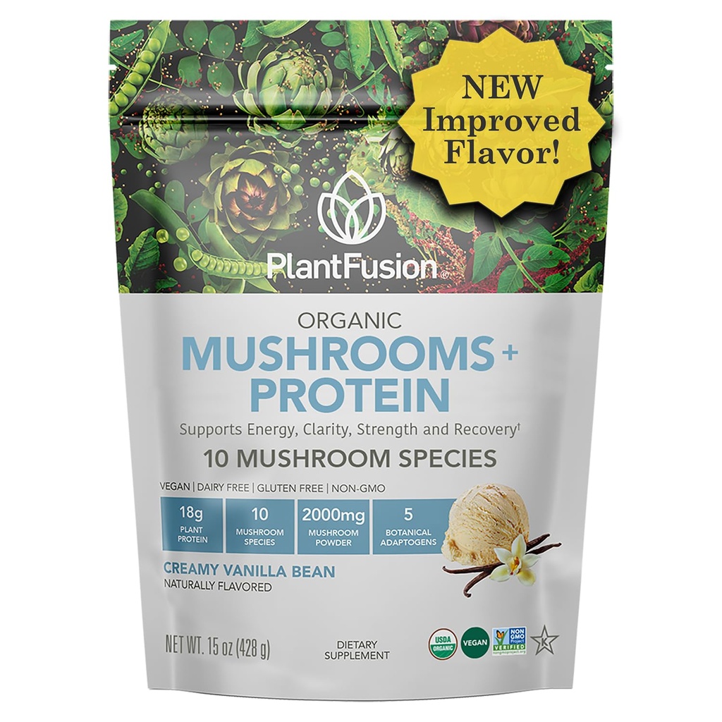 Plantfusion Pilz-Protein-Pulver - 3 in 1 Vegan-Protein-Pulver, Pilz-Ergänzung und Adaptogen-Ergänzung - Unterstützung Mental Fokus, Immunität und Erholung - Vanille 1lb