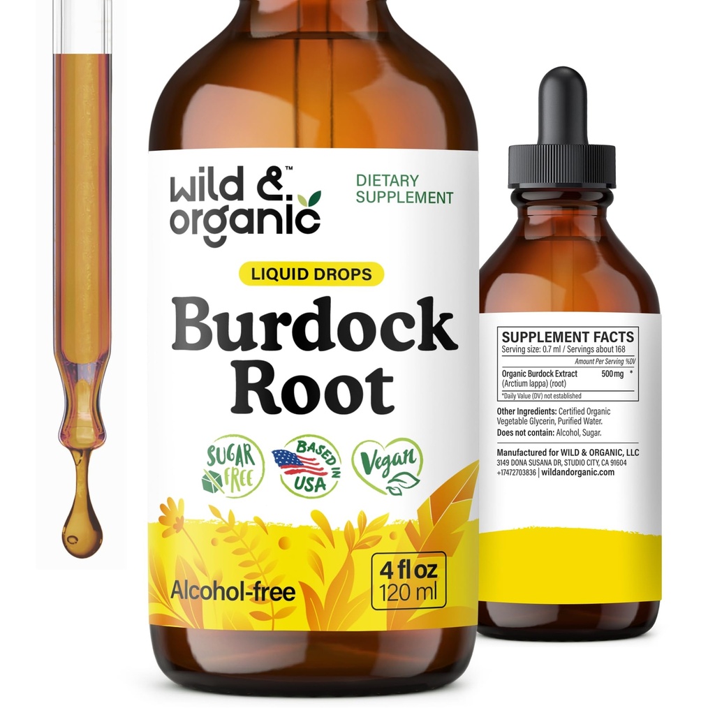 Wild & Organic Burdock Root Tincture - Flüssige Ergänzung für Antioxidans, Detox, Verdauungsunterstützung - Burdock Root Herb Drops - Vegan, Zucker & Alkoholfrei - 4 fl oz