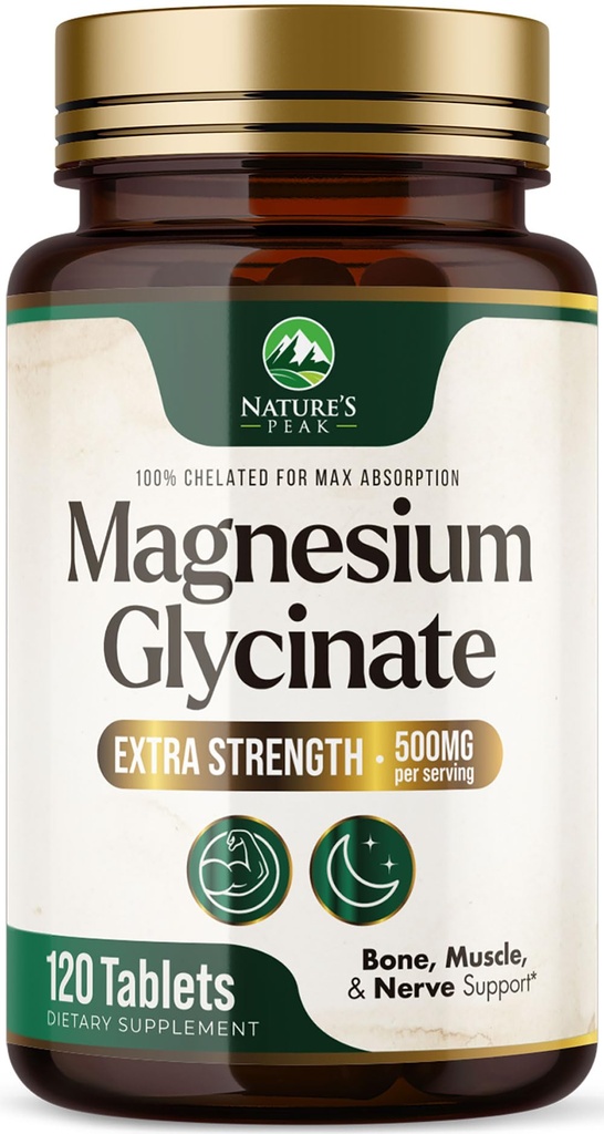 Magnesium Glycinate 500mg - Chelat für Ultra Absorption - unterstützt Knochen, Muskel, Nerven &amp; Herz Gesundheit, Natur Schlafunterstützung, beste Magnesium Ergänzung Pillen für Ganzkörperunterstützung - 120 Tabletten