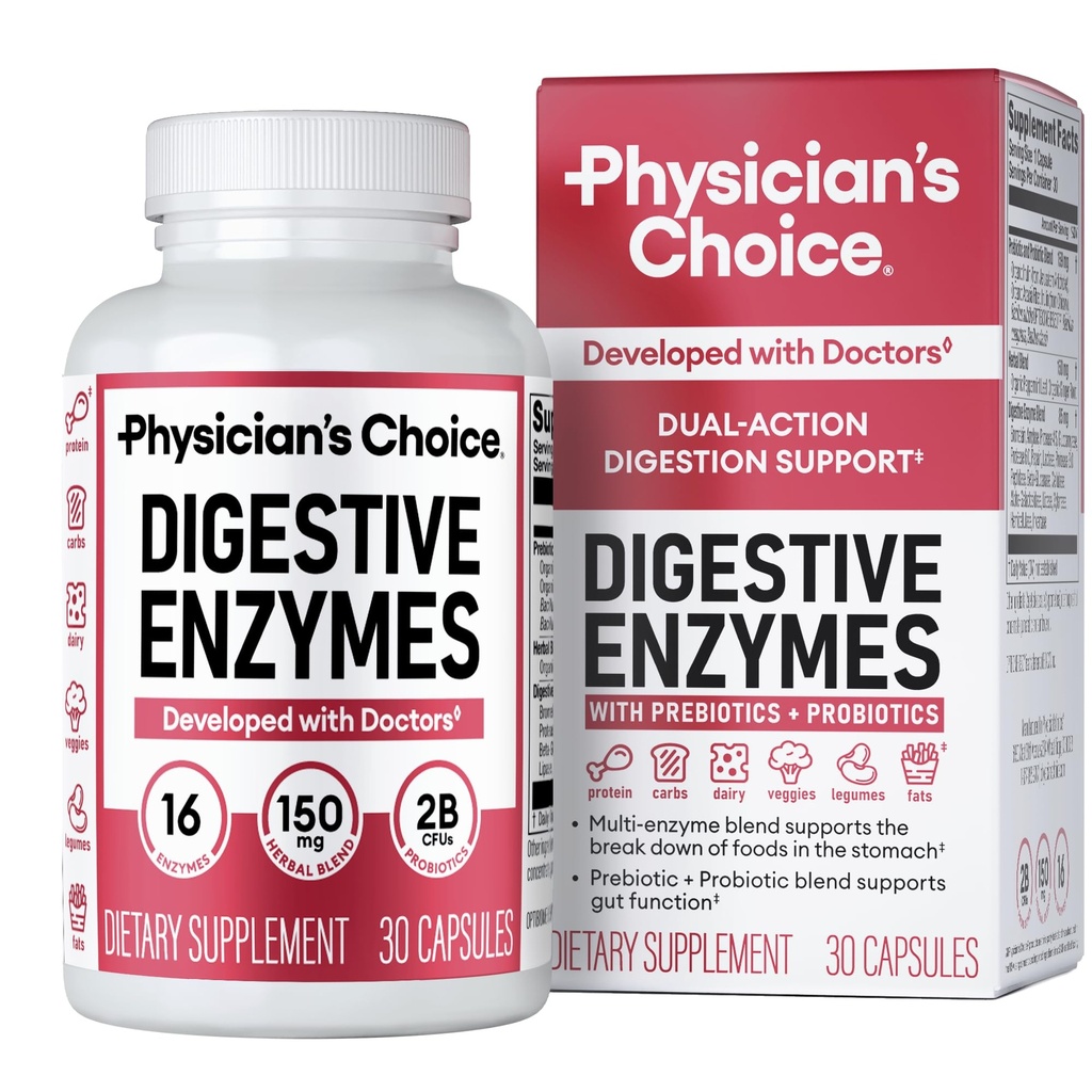 Physicians CHOICE Verdauungsenzyme - Multi Enzyme, Bromelain, Organic Prebiotics & Probiotics for Digestive Health & Gut Health - Bloating & Meal Time Discomfort - Dual Action - Alle Diäten - 30 CT