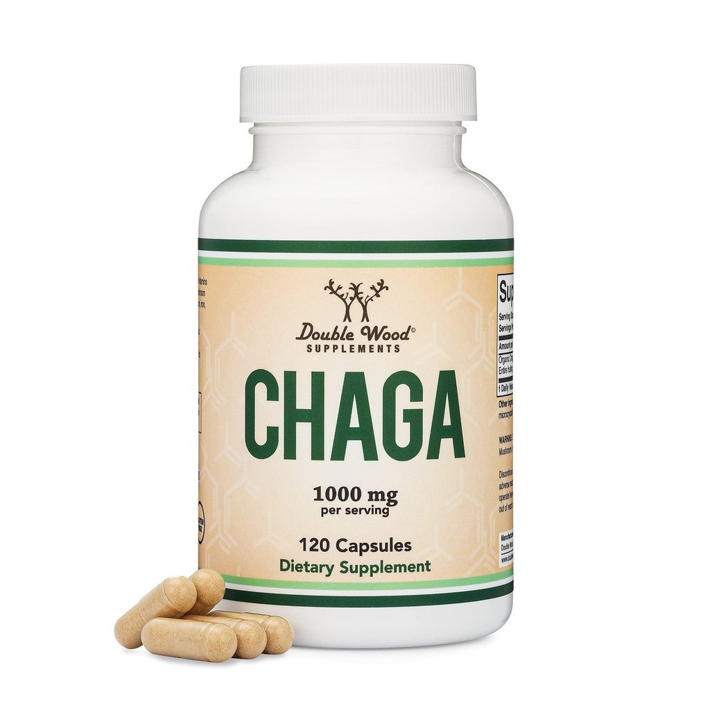 Chaga Mushrooms Capsules 120 Count (1.000mg Chaga Mushrooms Pulver pro Servierung) High in Polysacchariden, Beta Glucans und Terpenoiden - gesät und hergestellt in den USA, Vegan Safe, Organic by Double Wood
