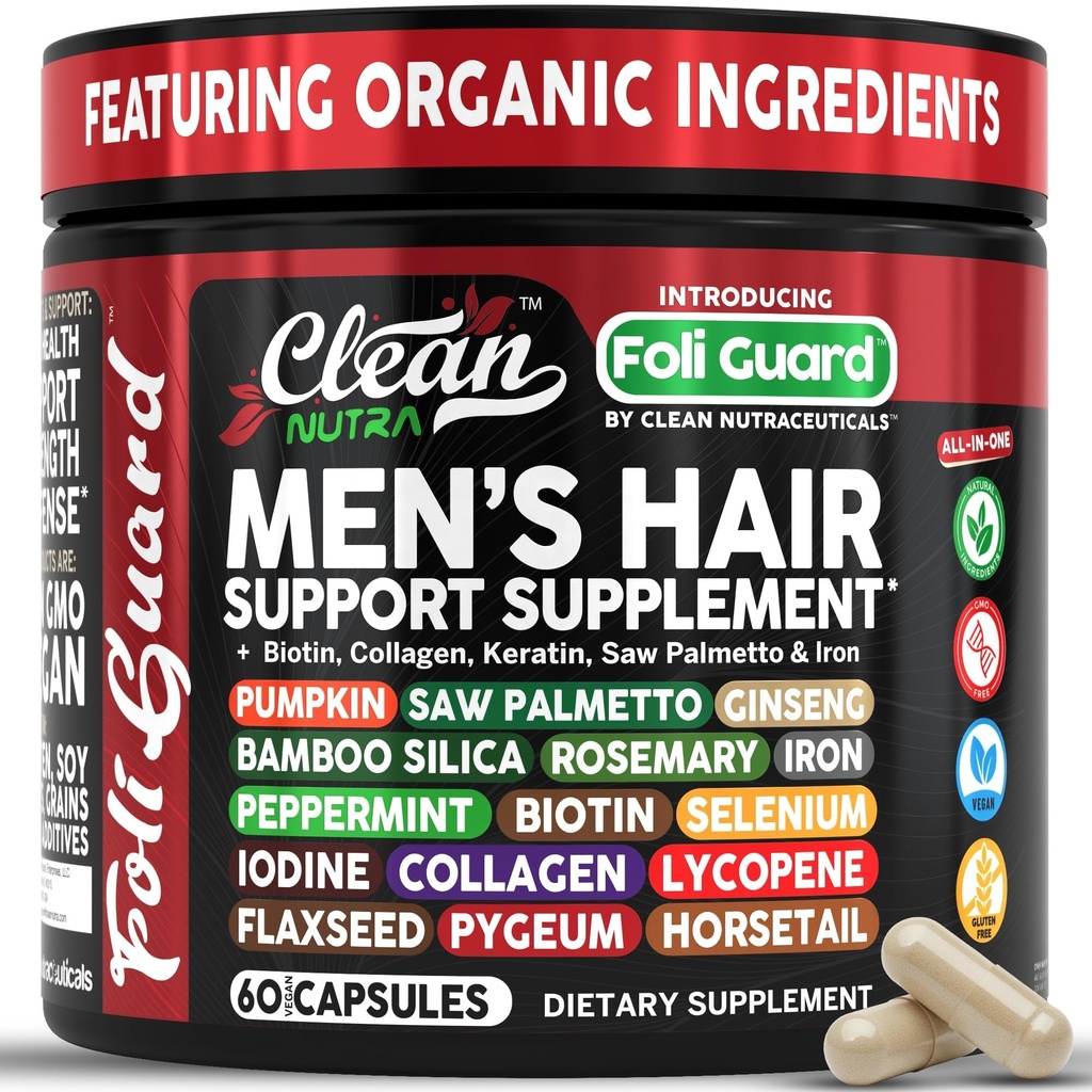 Haarwachstumsergänzung für Männer | Biotin Haar Vitamine Collagen Kürbis Seed Saw Palmetto Eisen Ginseng Bamboo Silica Rosmarin Peppermint Keratin Selen Iodine Flaxseed Pferdeschwanz Vitamin A C D3 E B12