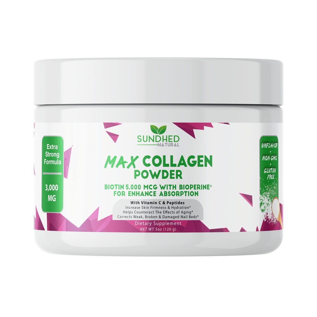 Max Collagen Plus C (30 Tage Versorgung) - Alle natürlichen Kollagenpulver mit Biotin & Bioperine zu erhöhen Anti Aging Hydration & Haut Firmness - 500mg Vitamin C - stärken Knochen & Nägel