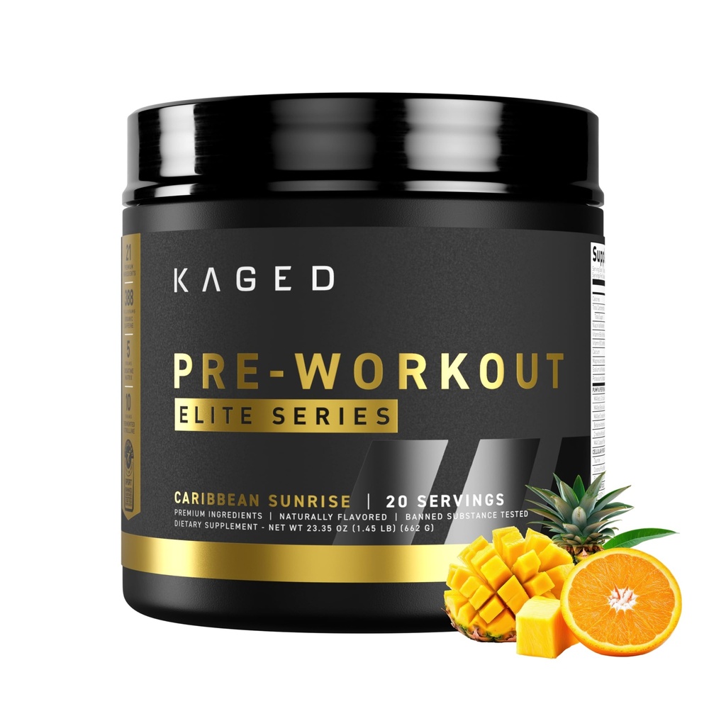 Kaged Pre Workout Powder Pre-Workout Elite for Men & Women | High Stimulant for Energy, Focus, Pumps | L-Citrulline, Beta Alanine, Creatine & 388mg of Organic Caffeine | Caribbean Sunrise