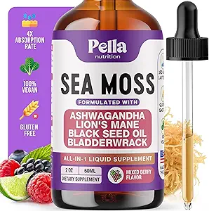 Sea Moss und Ashwagandha Liquid Supplement - Infused with Lion's Mane, Black Seed Oil, and Bladderwrack - Vegan, Easy-to-Mix Formula - Unterstützt Antioxidante Aktivität & Immune Health (Mixed Berry, 60mL)