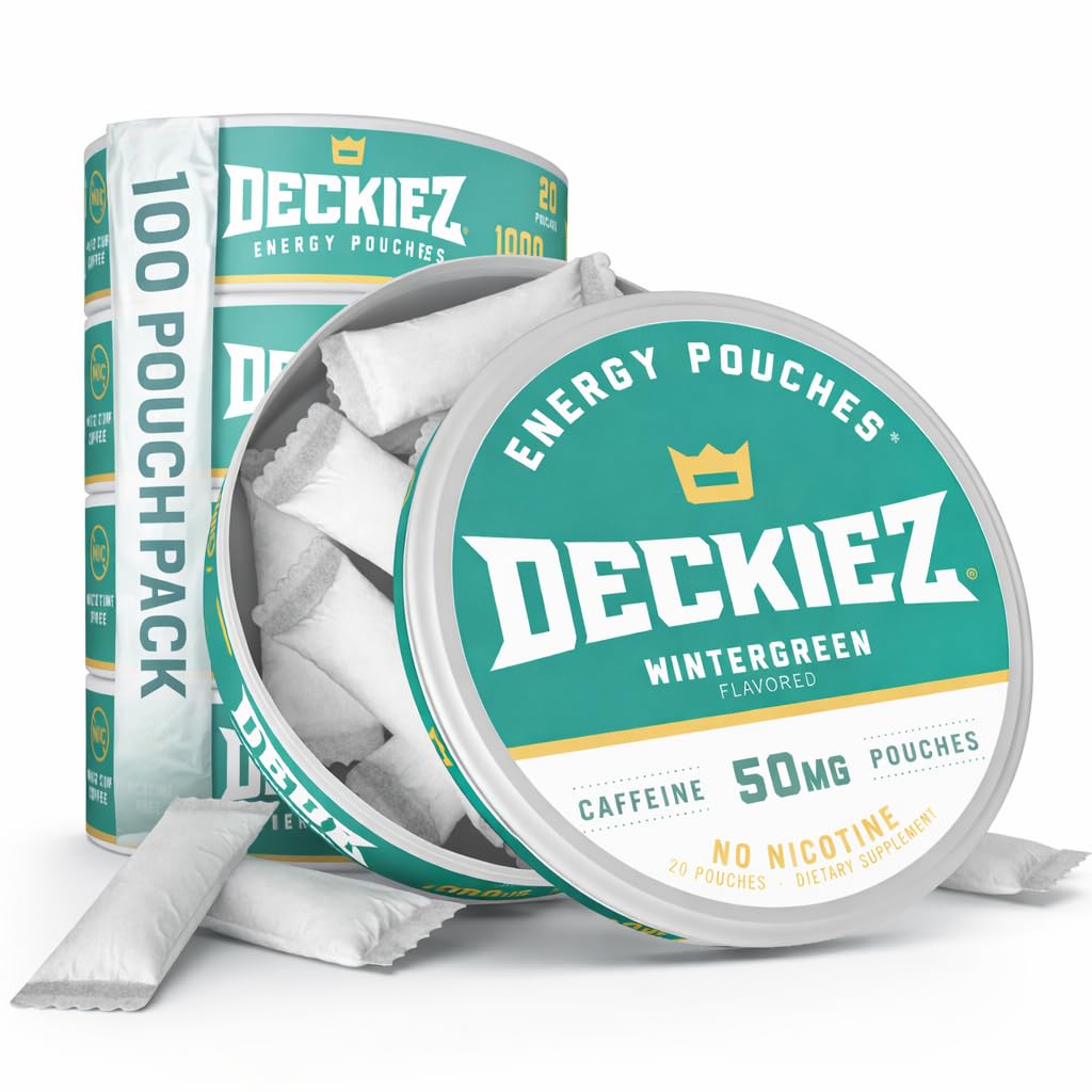 Deckiez Energy Pouches, 5 Dosen (100 Pouches), Zuckerfreies Koffein Supplement, Kaffee Pouches & Energy Drink Alternative, 50mg Koffein Pouches, Wintergreen Flavor