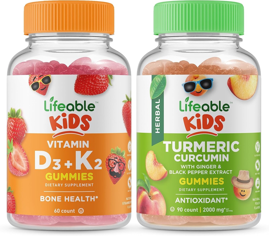 Lebensfähiges Vitamin D3 + Vitamin K2 Kinder + Kurkuma Kinder, Gummi Bundle - Große Verkostung, Vitaminergänzung, Glutenfrei, GMO frei, Kaugummi