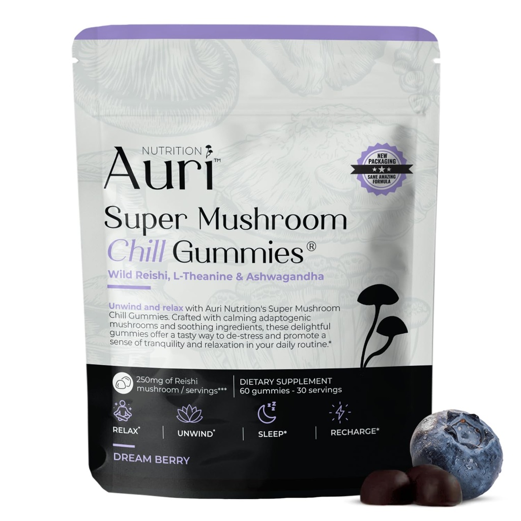 Auri Nutrition Super Mushroom Chill Gummies - Natural Calming Aid & Stress Reduction Supplement for Adults w/Reishi Mushroom, Ashwagandha, L-Theanine- Unwind Mind & Harmonize Your Day- 60 Calm Gummies