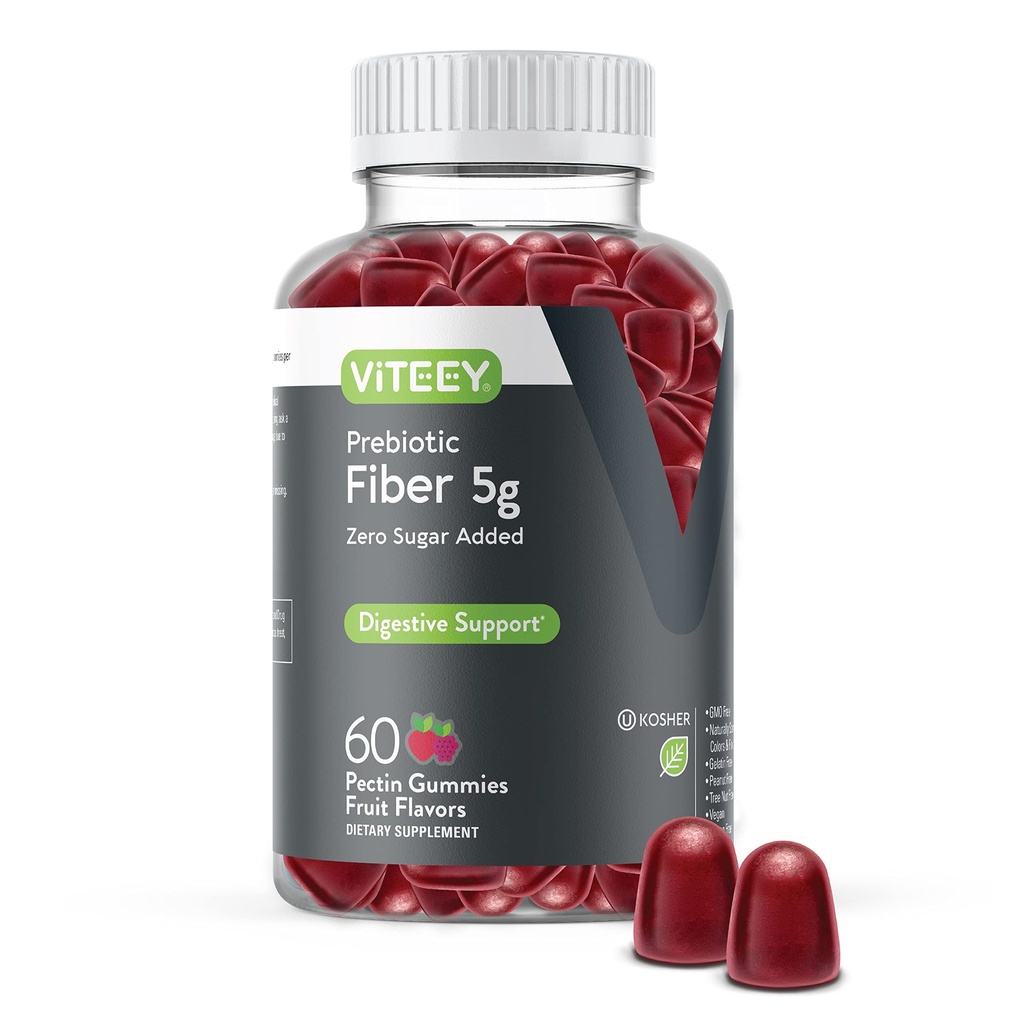 Viteey Prebiotic Fiber Gummis für Erwachsene, 5g - Gut Health & Digestive Soluble Fiber Supplement Gummis - Zero Sugar Hinzugefügt, Vegan, Glutenfrei - 60 Count