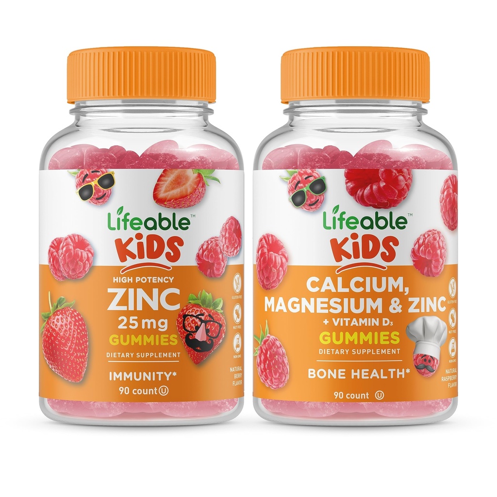 Lebendige Zink 25mg Kinder + Calcium Magnesium & Zink Kinder, Gummi Bundle - Große Verkostung, Vitamin Supplement, Glutenfrei, GMO frei, Kaugummi