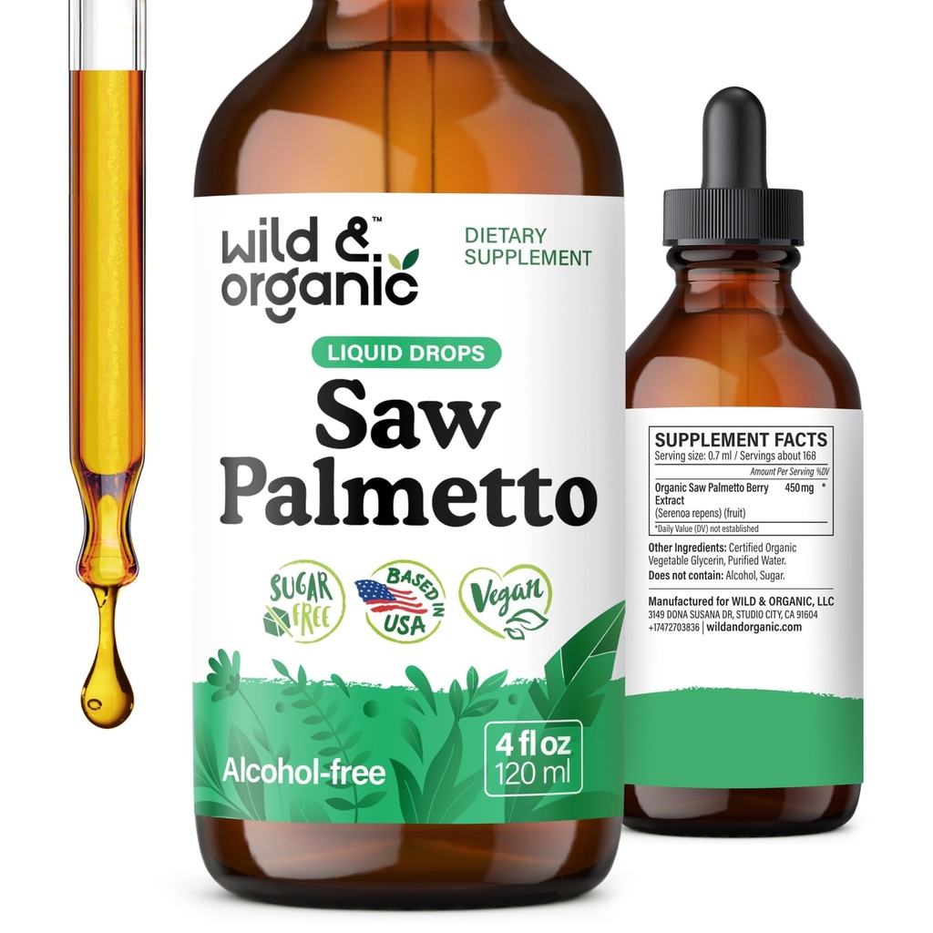Wild & Organic Saw Palmetto Tincture - Saw Palmetto Extrakt Ergänzung für Männer & Frauen - Flüssige Pulver basierte Tropfen - Serenoa Repens Beeren - Vegan, Zucker & Alkoholfrei - 4 fl oz