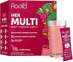Root'd Multivitamin Powder for Women - 25 Vitamine & Minerals mit 3X Elektrolyten, 9 Bio-Superfoods, Probiotics & Enzyme, Sugar-Free Multivitamin & Hydration | 24 Vitamin Drink Mix Packets