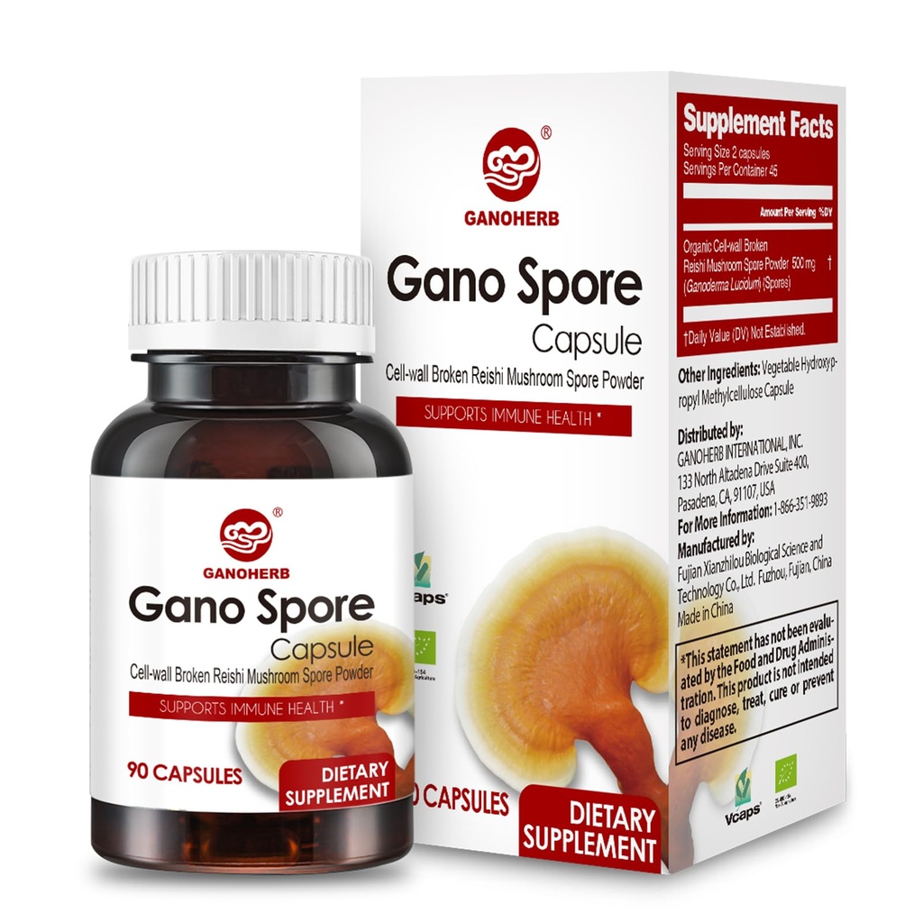 Bio Reishi Mushroom Kapseln mit 100% Ganoderma Lucidum Reishi Spore Pulver für Boost Immunsystem, Vegan, All Natural, Non-GMO & Gluten Free, 60 Veggie Kapseln
