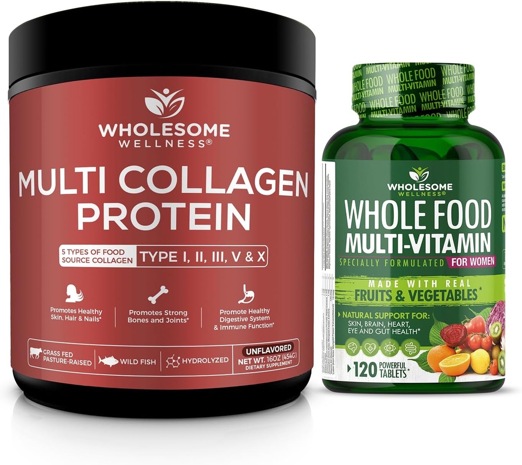 Ganzes Lebensmittel Multivitamin für Frauen + Multi Collagen Protein Pulver hydrolysiert (Typ I II III V X) Bundle