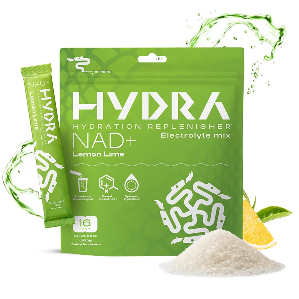 Hydra Pulver NAD+ Nährstoffe Elektrolyt-Pulver-Packets, Anti Aging Daily Hydration Packets, Low-Natrium-Elektrolyten-Pulver, Elektrolyt-Getränk-Mischung Low Sugar - 16 Elektrolyt-Packets Lemon Lime