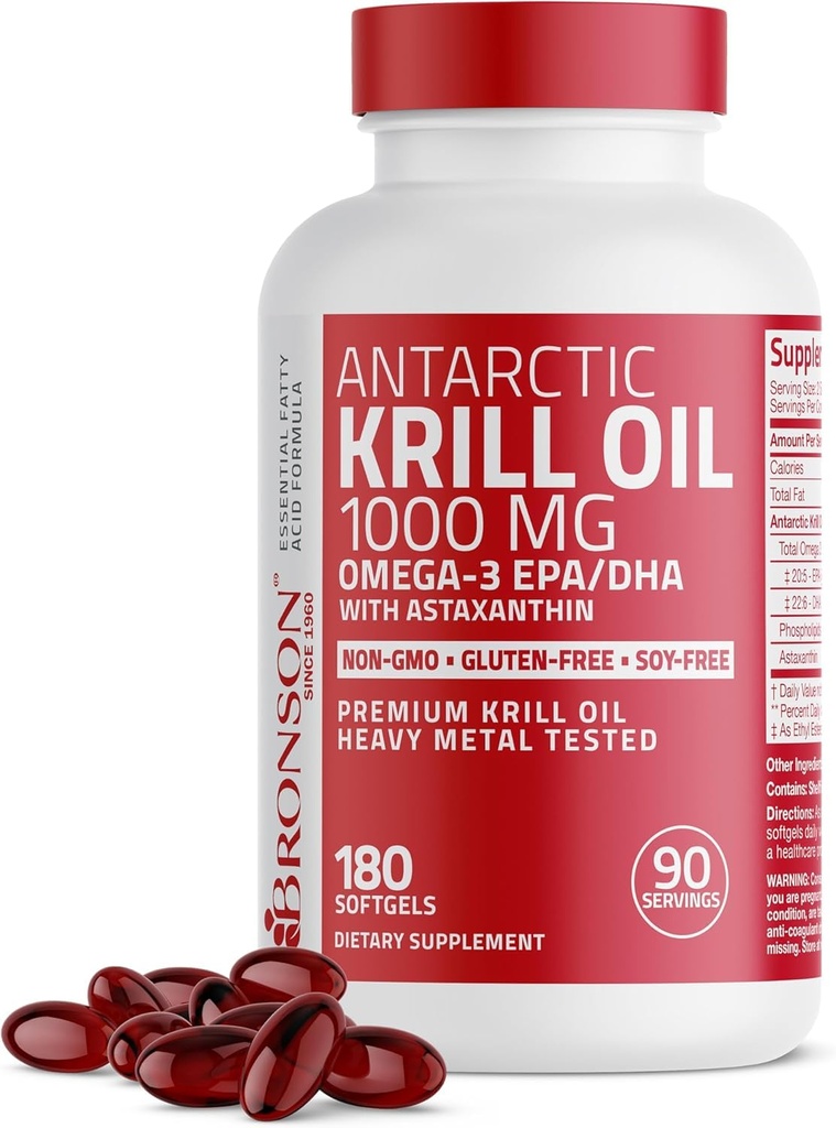 Bronson Antarctic Krill Oil 1000 mg mit Omega-3s EPA, DHA, Astaxanthin und Phospholipiden 180 Softgels