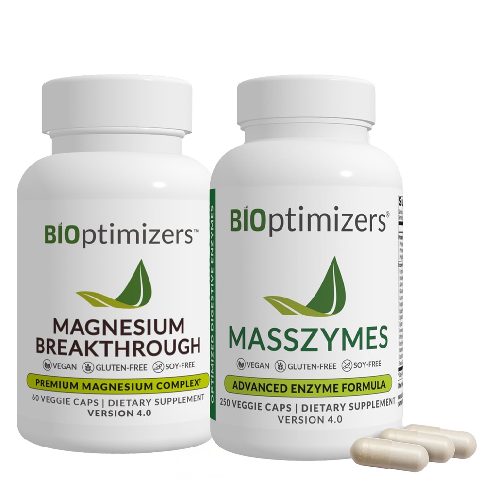BiOptimizers Magnesium Breakthrough 4.0, (60 Kapseln) & MassZymes 4.0, (250 Kapseln) - Natural Sleep, Brain und Digestive Health Support Supplement Bundle