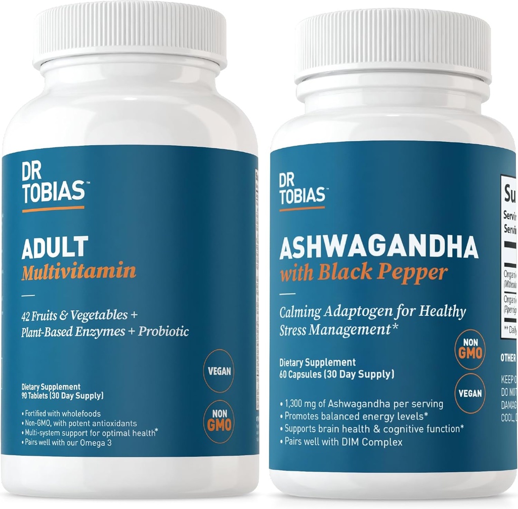 Dr. Tobias Adult Multivitamins und Ashwagandha Capsules, unterstützen insgesamt Wellness & Balanced Energy & Resilience, Vegan, Non-GMO