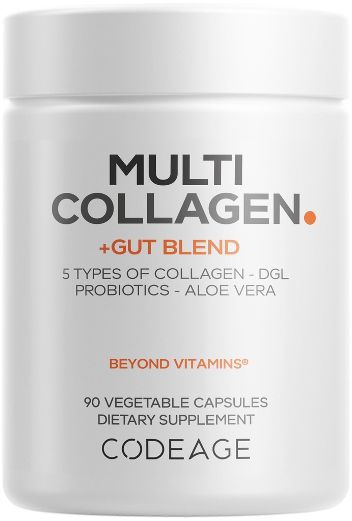 Codeage Multi Collagen + Gut Blend Supplement - Digestive Probiotics, DGL Licorice, Aloe Vera, Organic Peppermint Leaf, Slippery Elm - Hydrolyzed Bovine Collagen Pillen - Non-GMO - 90 Kapseln