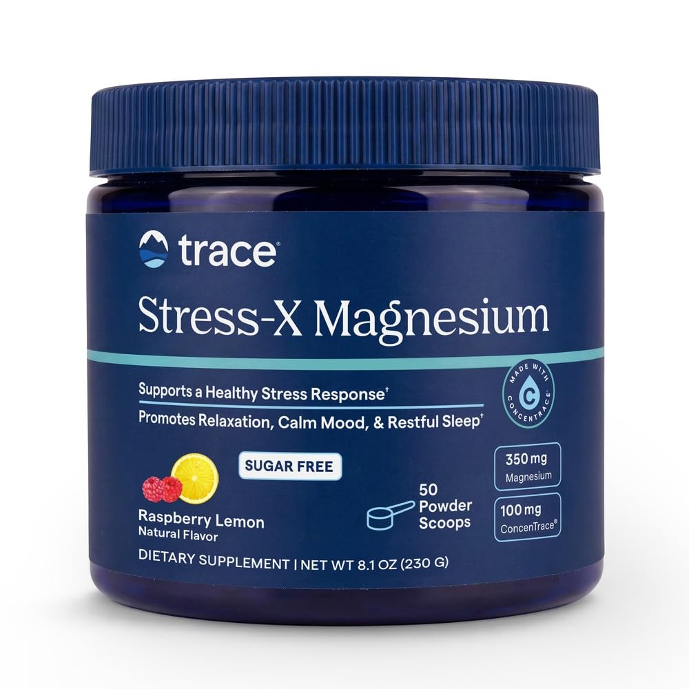 Trace Minerals | Stress-X Magnesium Pulver | Stress Relief, Regelmäßigkeit, Relax, Schlaf, Energie, entspannt Muskeln, Zellfunktion | Non-GMO, Glutenfrei, und zertifizierte Vegan | Raspberry Lemon Flavor|8.5 oz