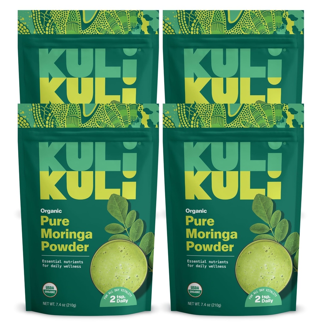 Kuli Kuli Moringa Oleifera Bio Blatt Pulver & Grün Smoothie, 100% reine USDA Certified & Non-GMO Moringa Pulver, Groß mit Glatteien, Tee und Essen, 4 Pack