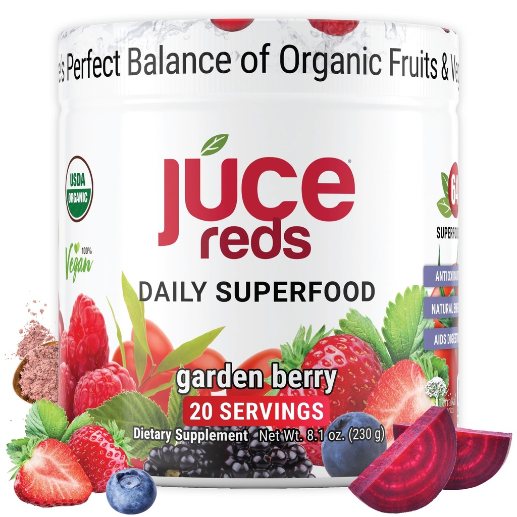 Terra Kai Organics JUCE Reds Organic Superfood Powder - Garden Berry Flavor | Fruit & Veggie Powder for Everyone w/64 Immune Boosting Superfood Plus Probiotics for Gut Health | 20 Servings (230g)