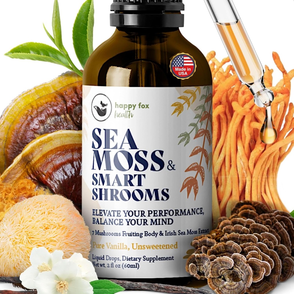 HAPPY FOX Irish Sea Moss Liquid Drops & Pilz-Tinktur - Seamoss mit 7 adaptogenic Pilz-Extrakte für kognitive Unterstützung & Gut Gesundheit, Pilz Kaffee Elixir, reine Vanille Flavor