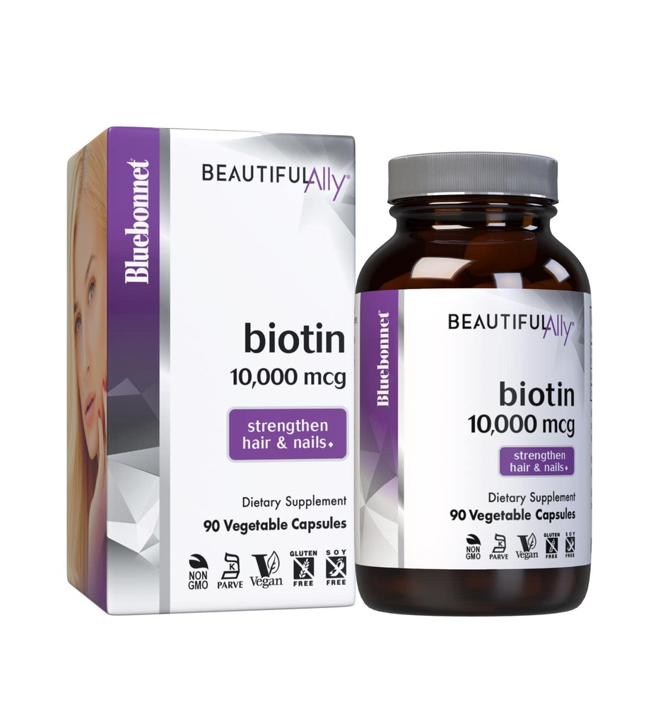 Bluebonnet Nutrition Beautiful Ally Biotin 10.000 mcg, Strengthen Hair & Nails*, Non-GMO, Vegan, Kosher Certified, Glutenfrei, Soy-Free, 90 Gemüsekapseln, 90 Serviergeräte