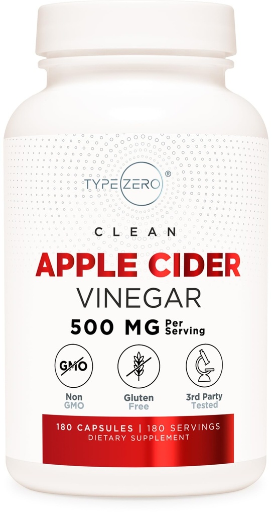 Typ Zero Apple Cider Essig Kapseln (180 Zähler) 500mg Pro Servieren - Non-GMO, Glutenfreie Ergänzung