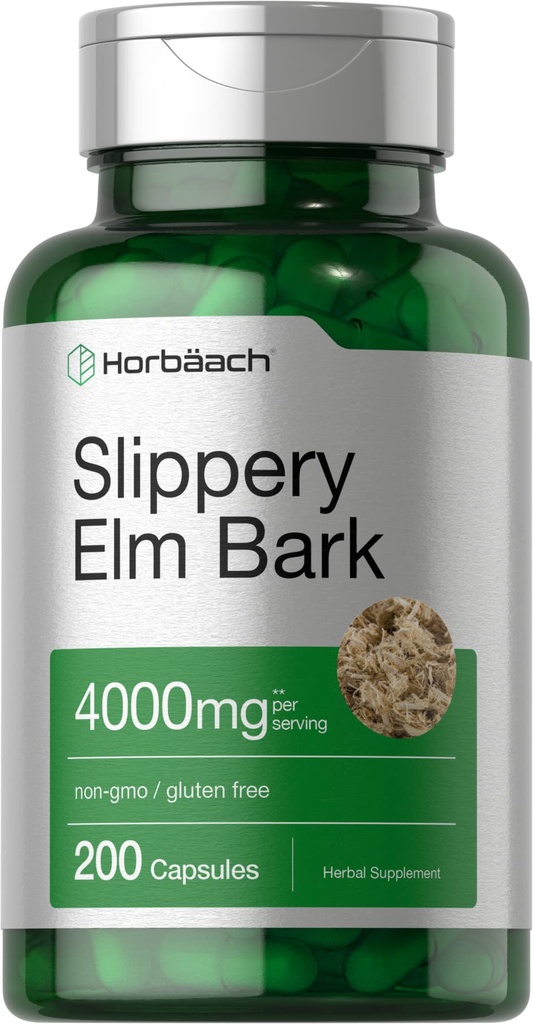 Horbäach Slippery Elm Bark Capsules | 200 Pills | Herbal Supplement | Non-GMO & Gluten Free