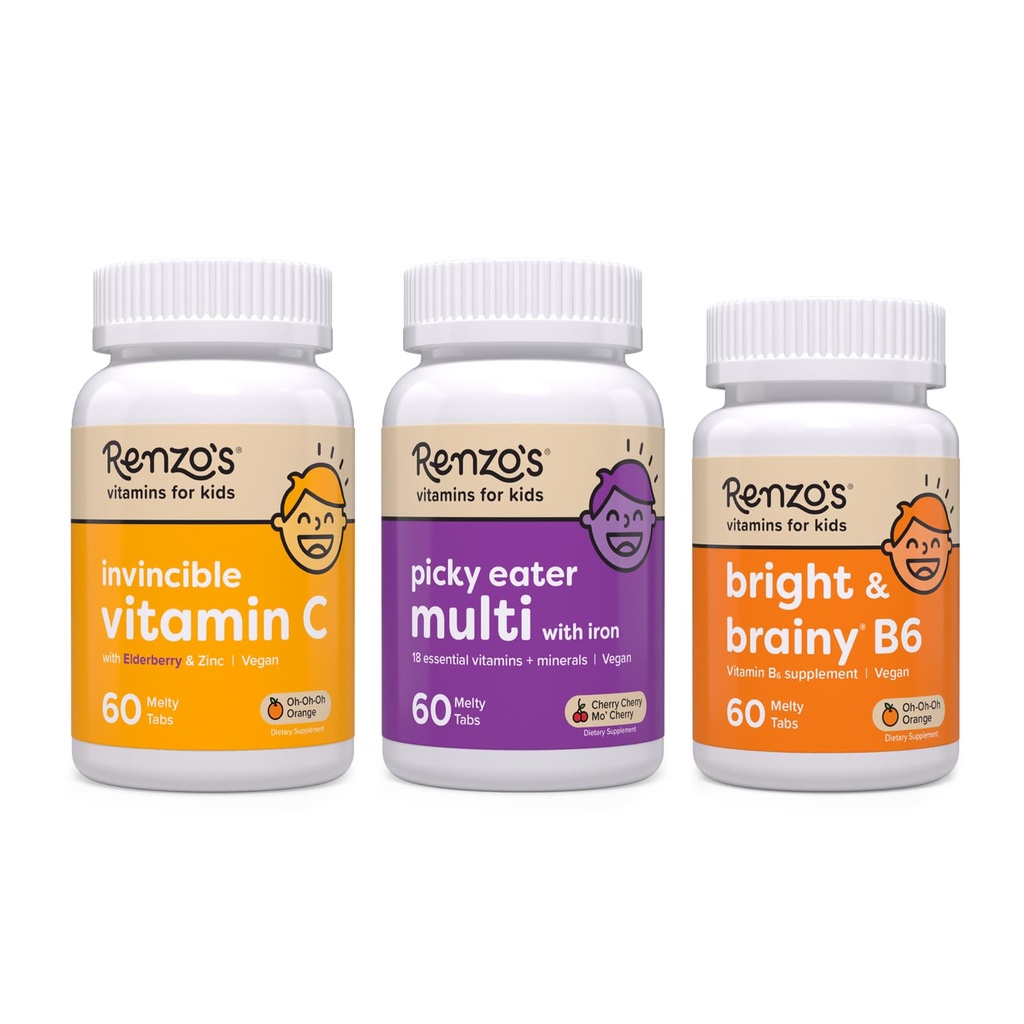 Renzo's Vitamins Back to School Bundle, Bright & Brainy Vitamin B6, Picky Eater Kids Multivitamin, and Kids Vitamin C with Elderberry & Zinc for Immune Support
