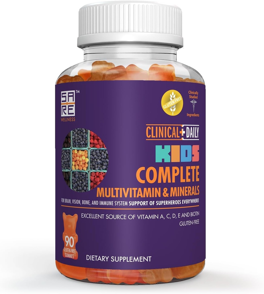 Clinical Daily Complete Kids Multivitamin Daily Gummy Supplement für Gehirn, Vision, Knochen und Immune Gesundheit. Vitamine A, C, E,D,B6,B12, Folate, Biotin, Essential Minerals. 90 Glutenfrei Yummy Gummis