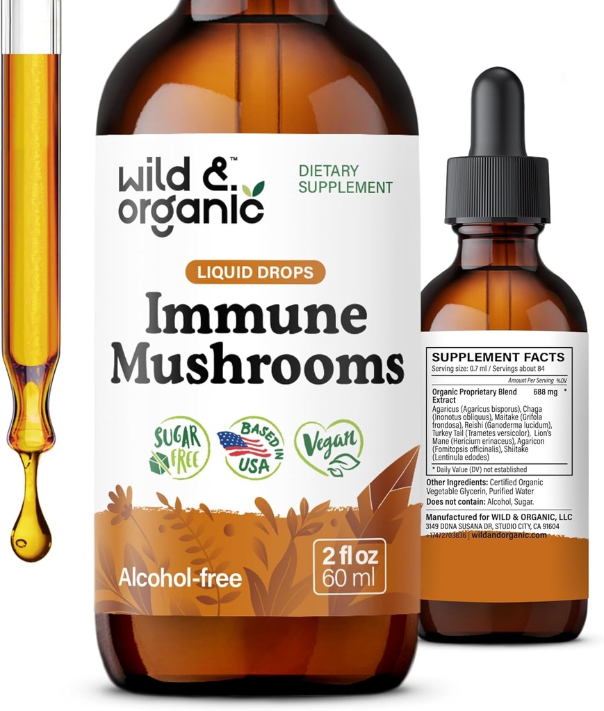Wild & Organic Immune Pilze Tinkture - 8-in-1 Pilz-Komplex mit Chaga, Türkei Tail, Lion's Mane, Reishi Extrakt - Immununterstützung Tropfen - Vegan, Zucker & Alkoholfreie Flüssigergänzung - 2 fl oz