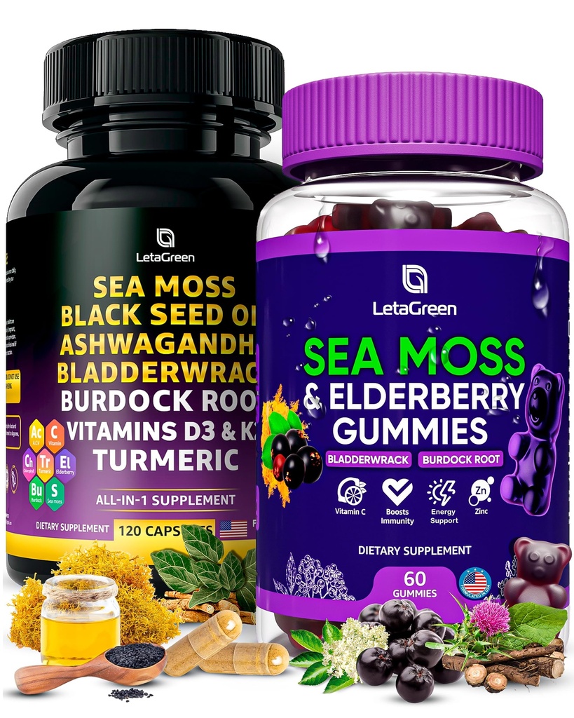 Sea Moss Kapseln + Gummis Bundle, 60 Irish Sea Moss Gummis + 120 Ocean Wild SeaMoss Kapseln mit Vitaminen und Mineralien