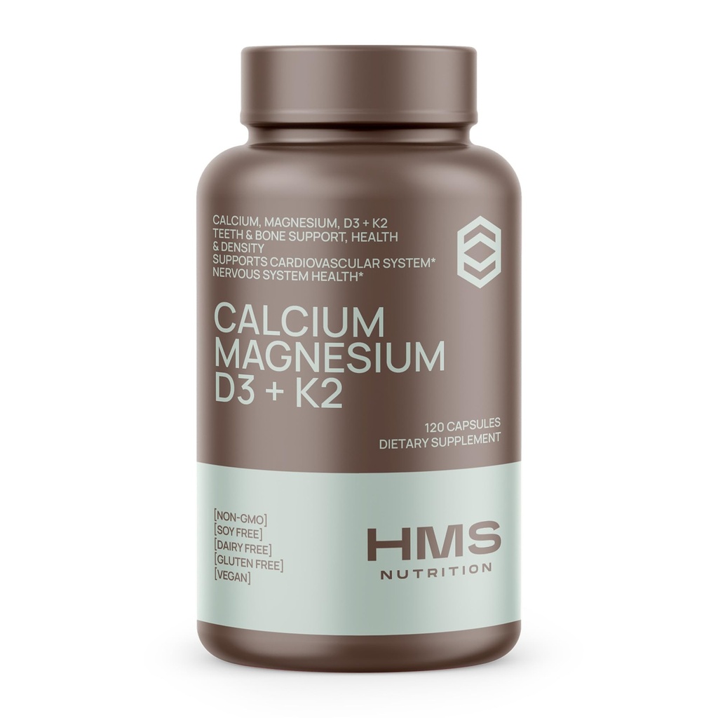 Kalzium, Magnesium, Vitamine D3 + K2 für Knochengesundheit, Immununterstützung, Knochen & Zähne Kalziumergänzung für Frauen und Männer, Non-GMO, Glutenfrei, 120 Kapseln